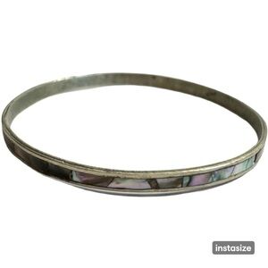 Vintage Signed Alpaca Mexico Abalone Shell Inlay Bangle Bracelet Jewelry